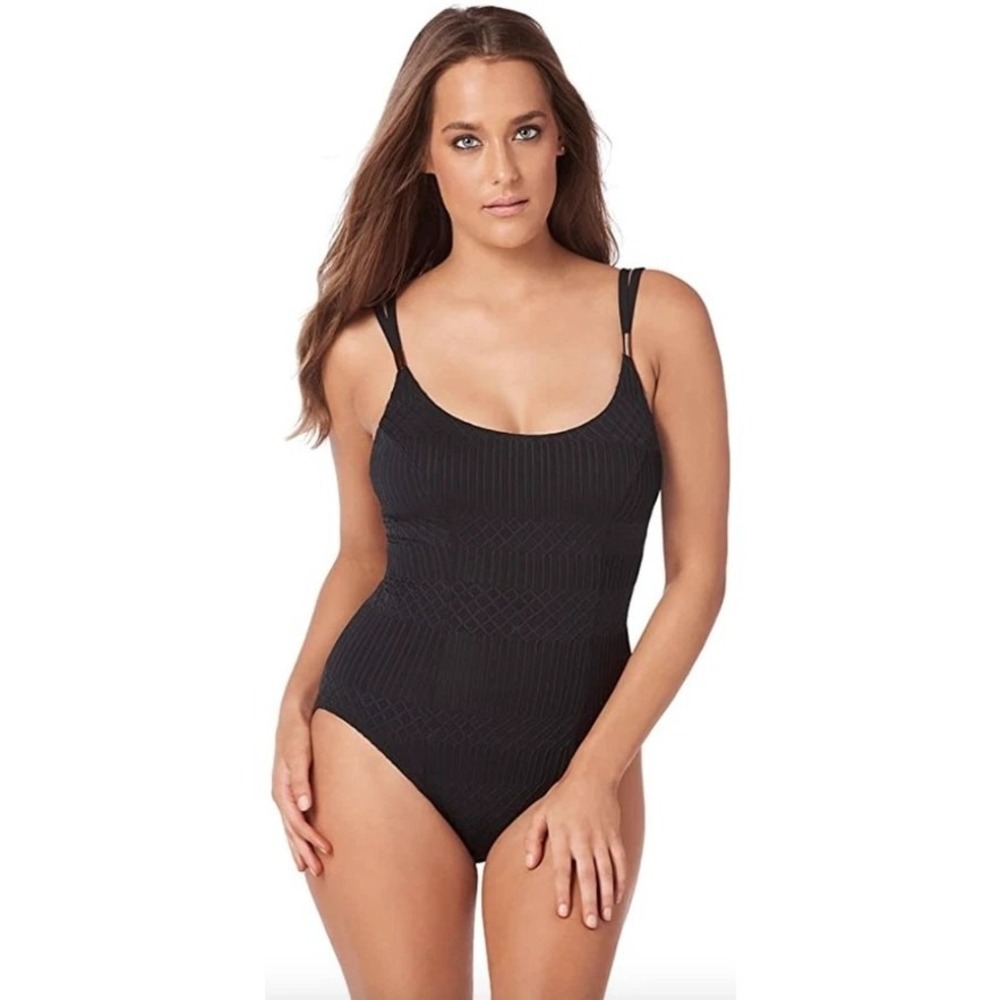 Amoressa Aquila One Piece Swimsuit Black Ribbed Textured Gold Hardware Size 6
